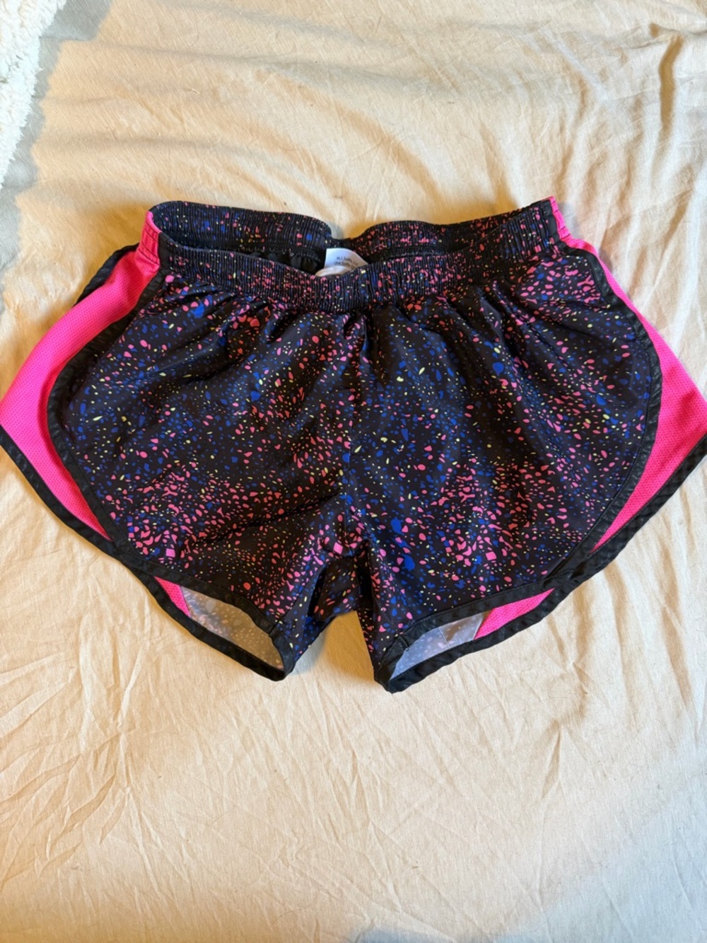 Soffe Black Athletic Shorts with Pink Panels and Multicolor Speckle